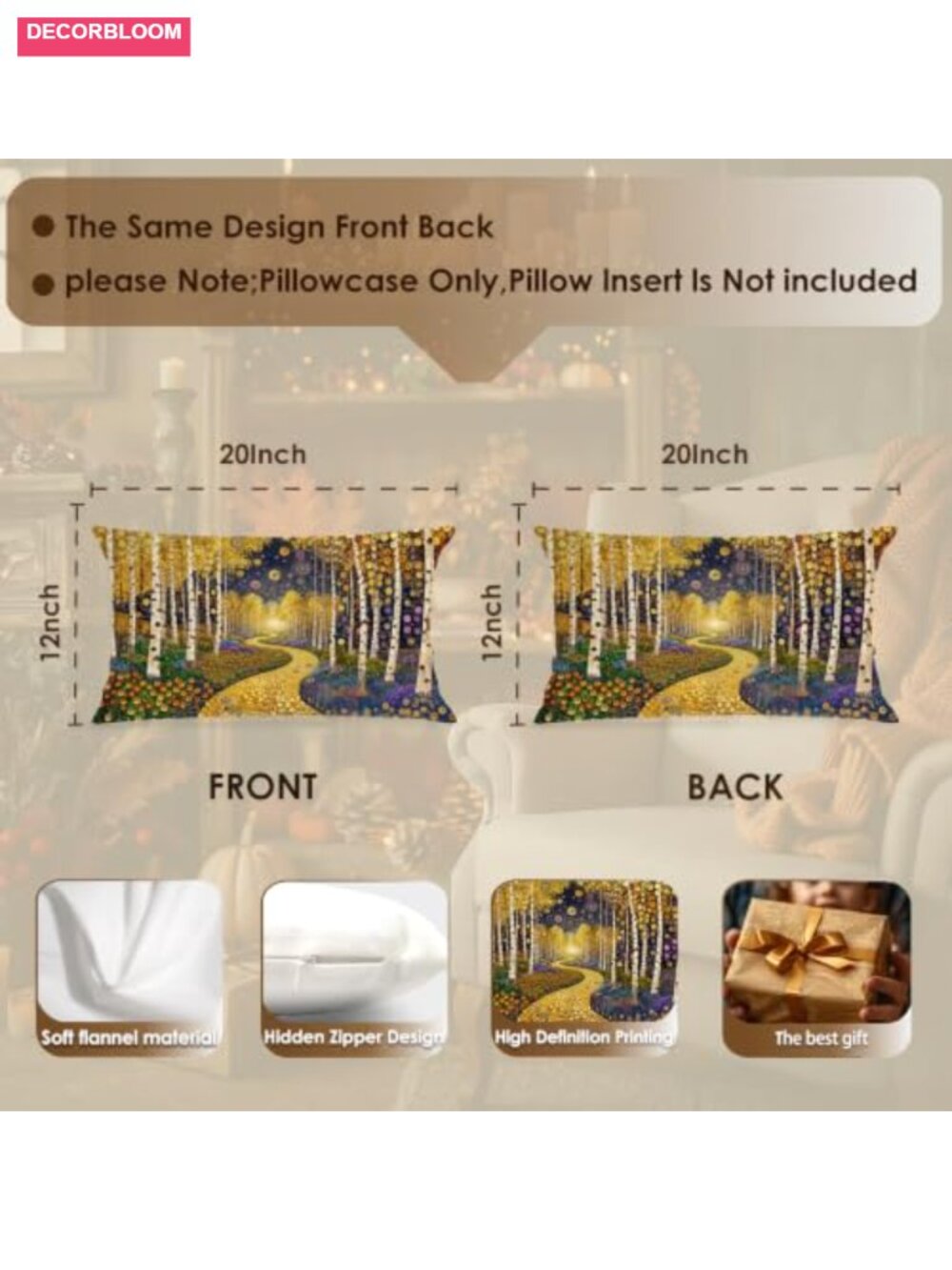 Decorative Throw Pillow Cover 12x20 Flannelette Soft Autumn Tree Print - Picture 2 of 5